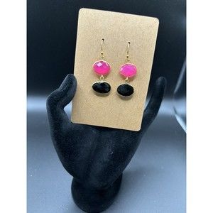 Faceted Barbie Pink Quartz & Faceted Black Onyx Gold Vermeil 1.5 Inch Earrings